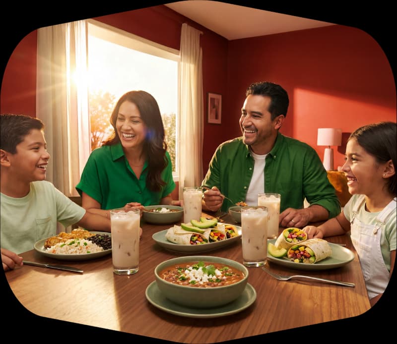 Familia compartiendo la mesa con frijoles rojos volteados CostadelSol, huevos, plátanos fritos y horchata