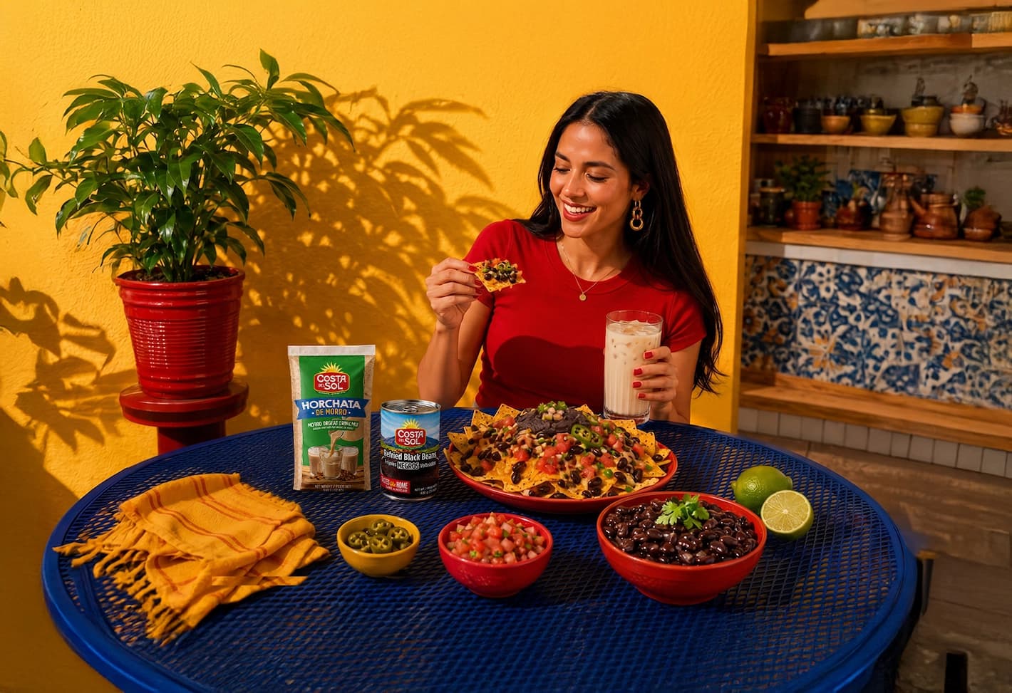 Mujer disfrutando nachos con frijoles negros volteados CostadelSol, pico de gallo y un vaso de horchata de morro en una mesa azul