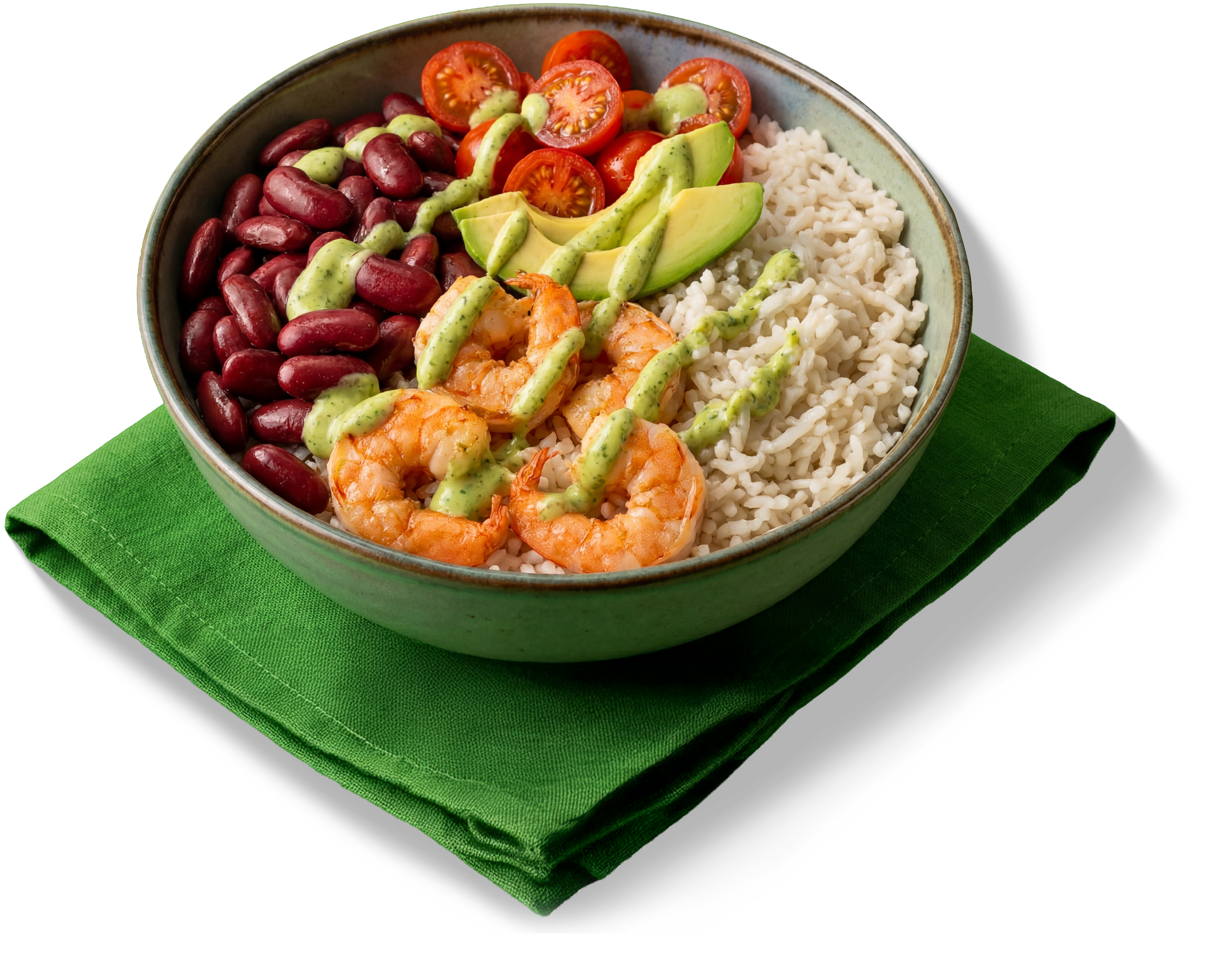 Bowl con frijoles, arroz, camarones y aguacate